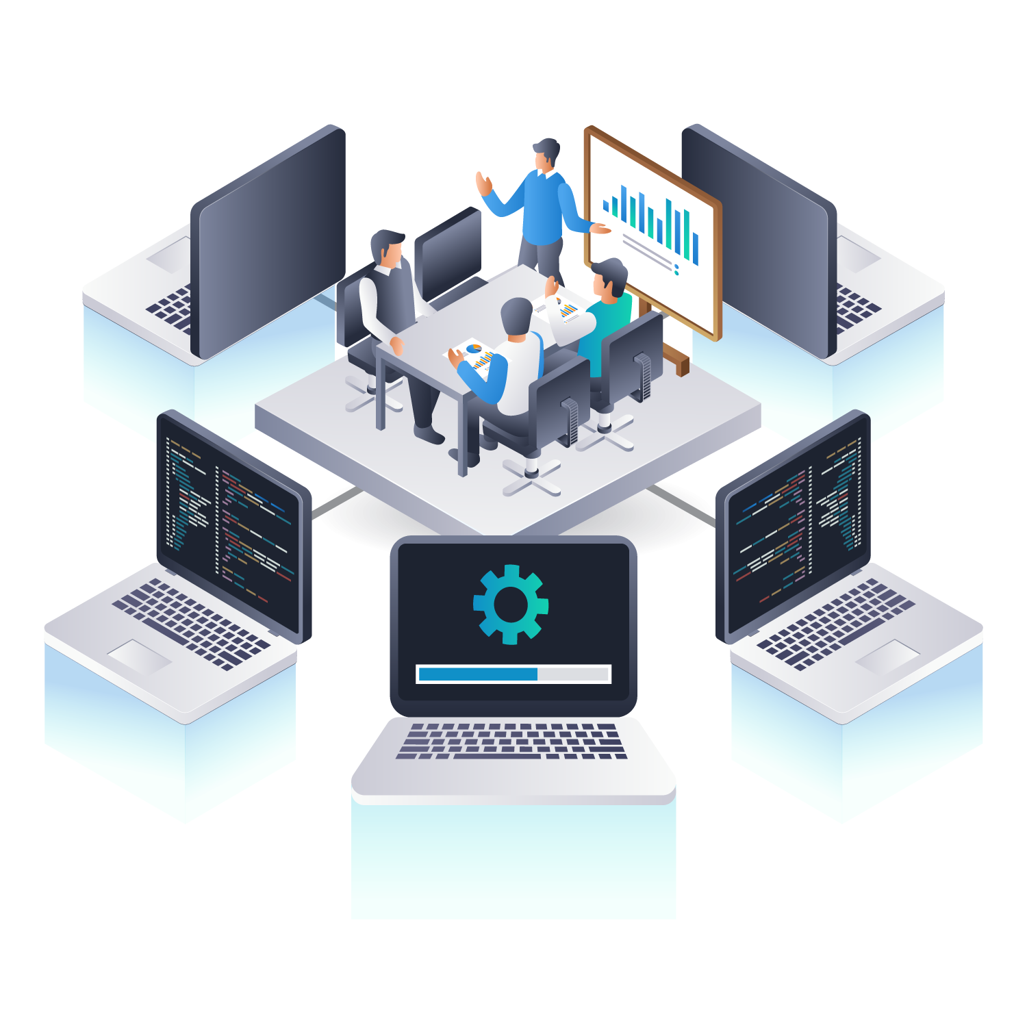 Developer working on code with programming icons