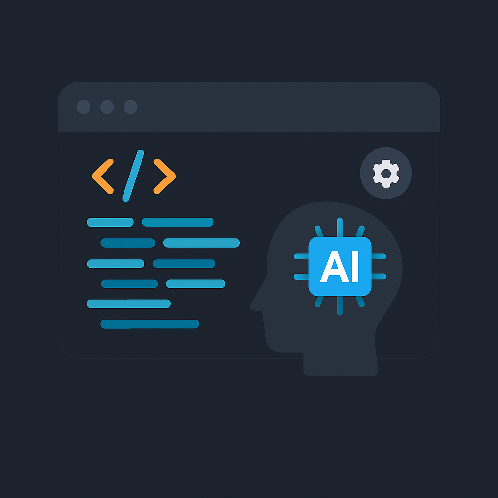 AI analyzing code with brain silhouette, AI chip, and code editor interface