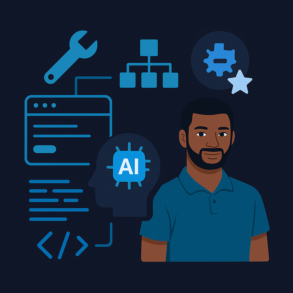 Professional engineer with technical tools, AI chip, organizational chart, and star rating