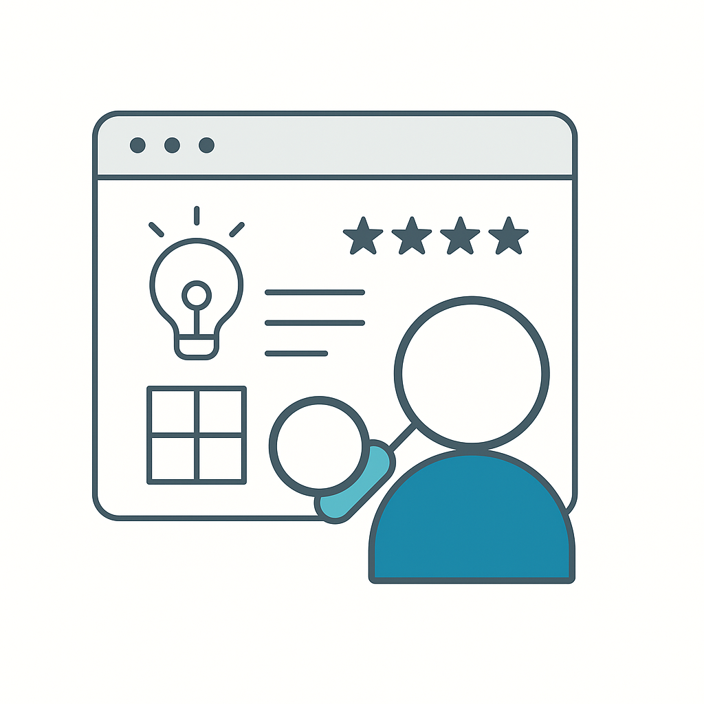 AI portfolio analysis with lightbulb ideas, star ratings, and magnifying glass evaluation