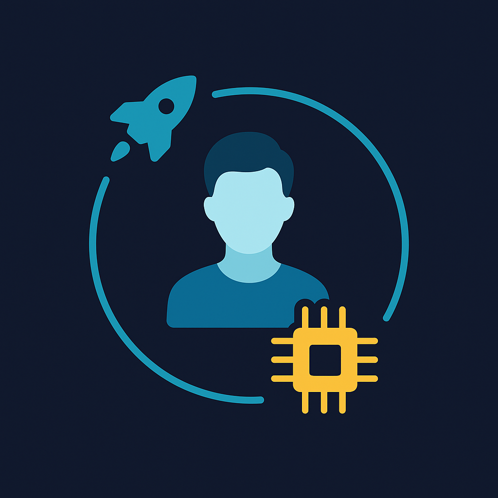 AI Startup Screening - Candidate profile with rocket and AI chip representing intelligent analysis for startup DNA and fast-paced environment fit